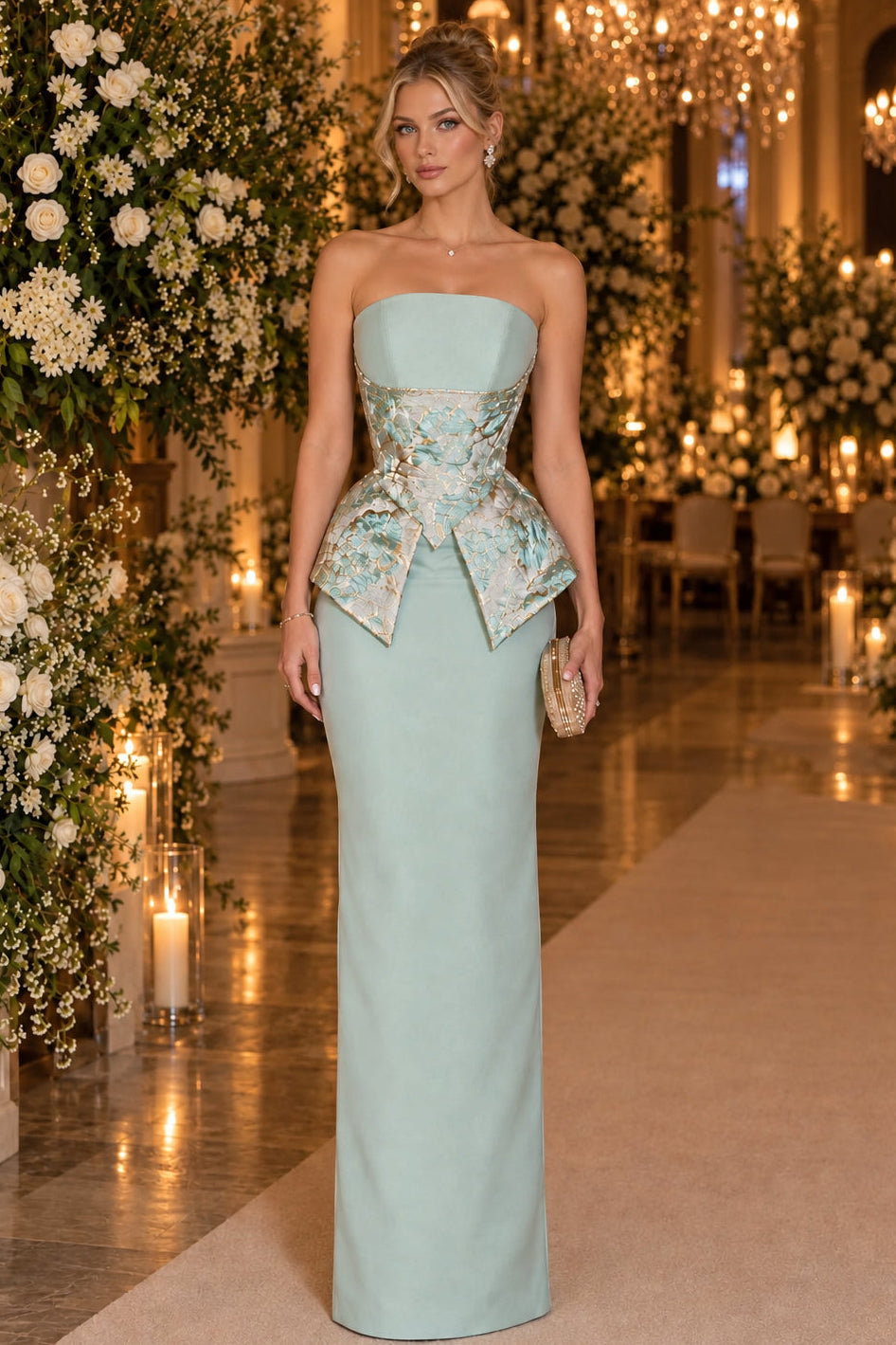 Strapless Column Gown with Jacquard Peplum Corset