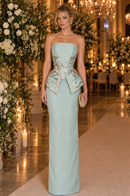 Strapless Column Gown with Jacquard Peplum Corset