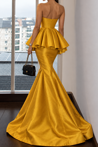 Strapless Peplum Mermaid Evening Gown