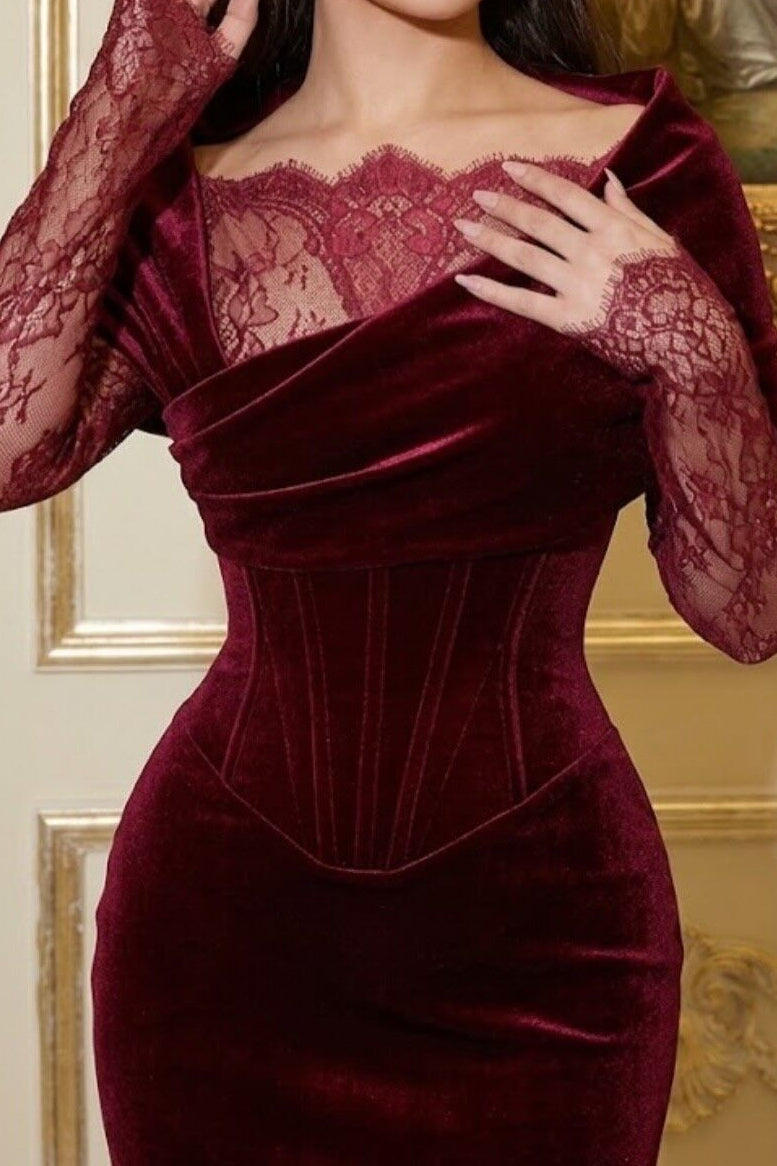 Velvet Corset Evening Gown with Scalloped Lace Inset
