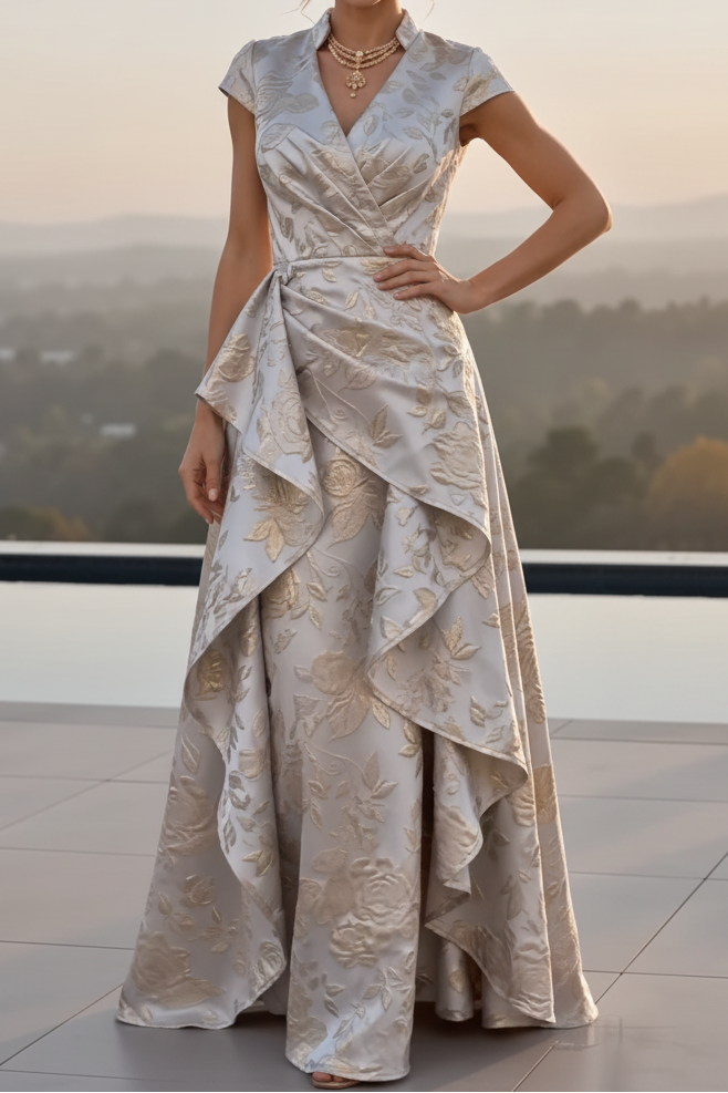 Jacquard Collared V-Neck Gown with Side Draping