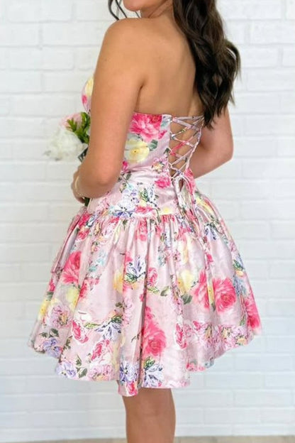 Strapless Floral Print Tiered Mini Dress