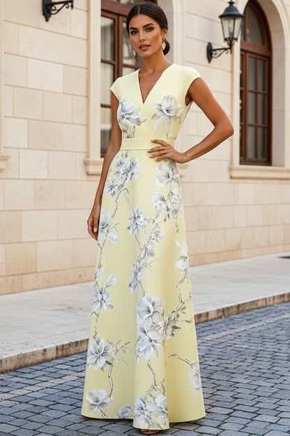 Floral Print A-Line Maxi Dress with Cap Sleeves