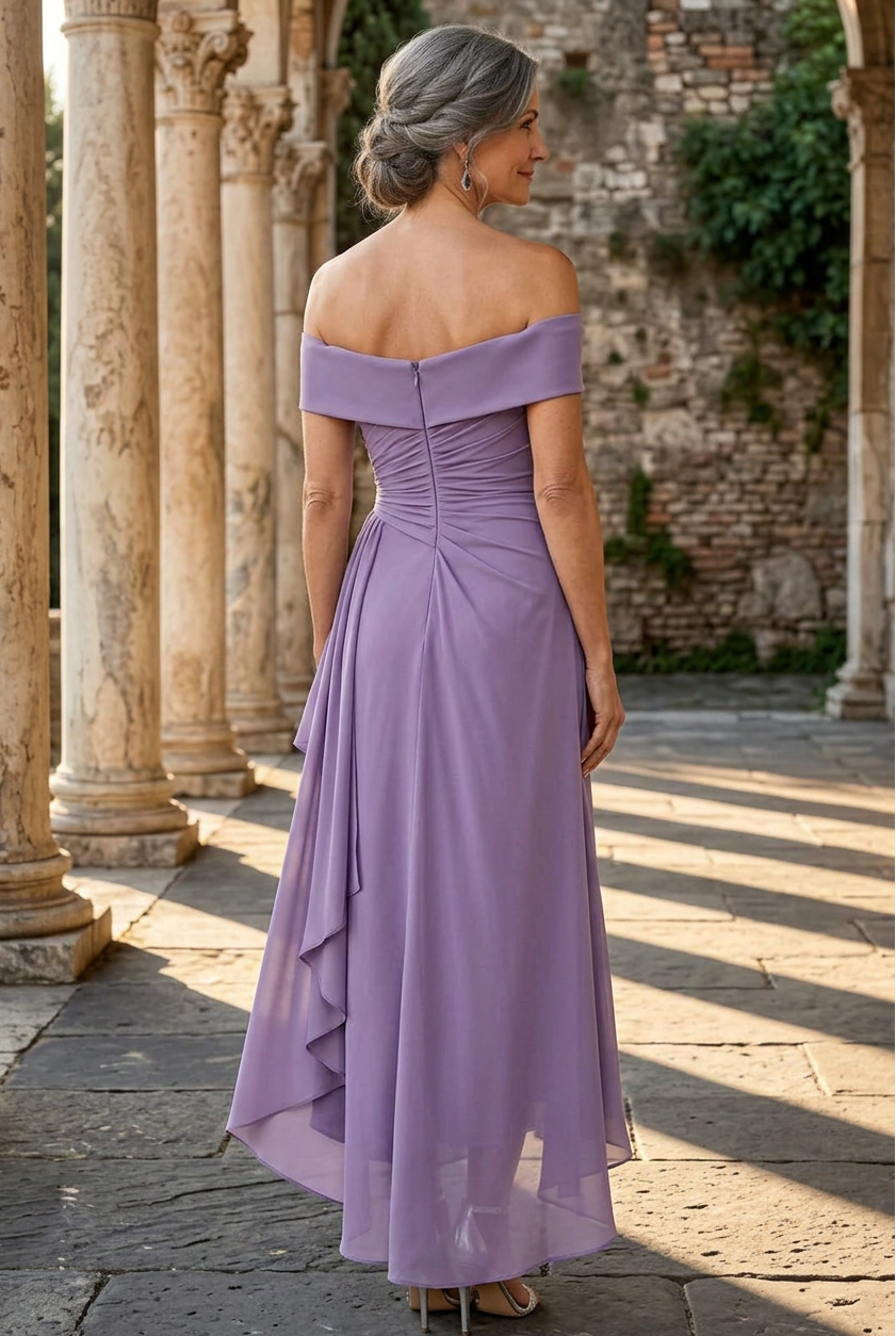 Off-the-Shoulder Ruched Dress with Cascade Drape