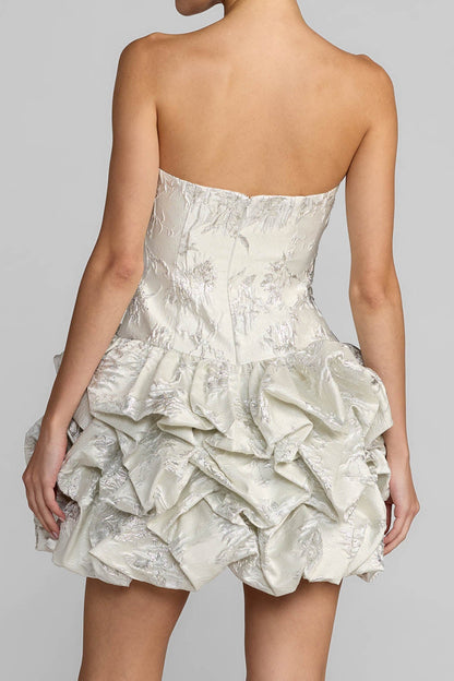 Strapless Jacquard Mini Dress with Ruffled Bubble Skirt