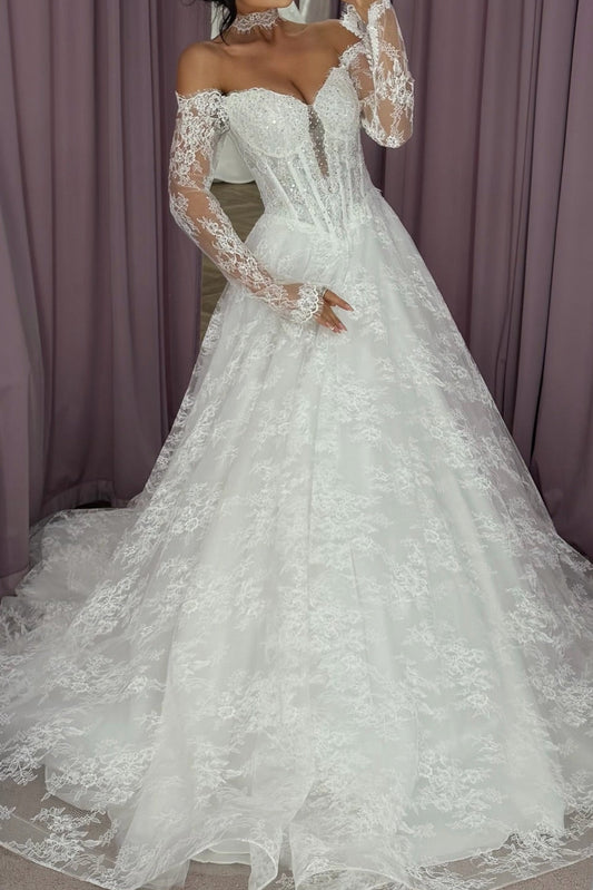 Off-Shoulder Lace Ball Gown with Sheer Long Sleeves