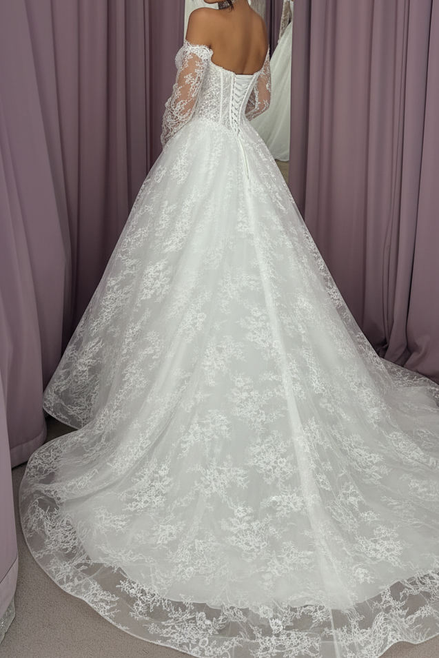 Off-Shoulder Lace Ball Gown with Sheer Long Sleeves