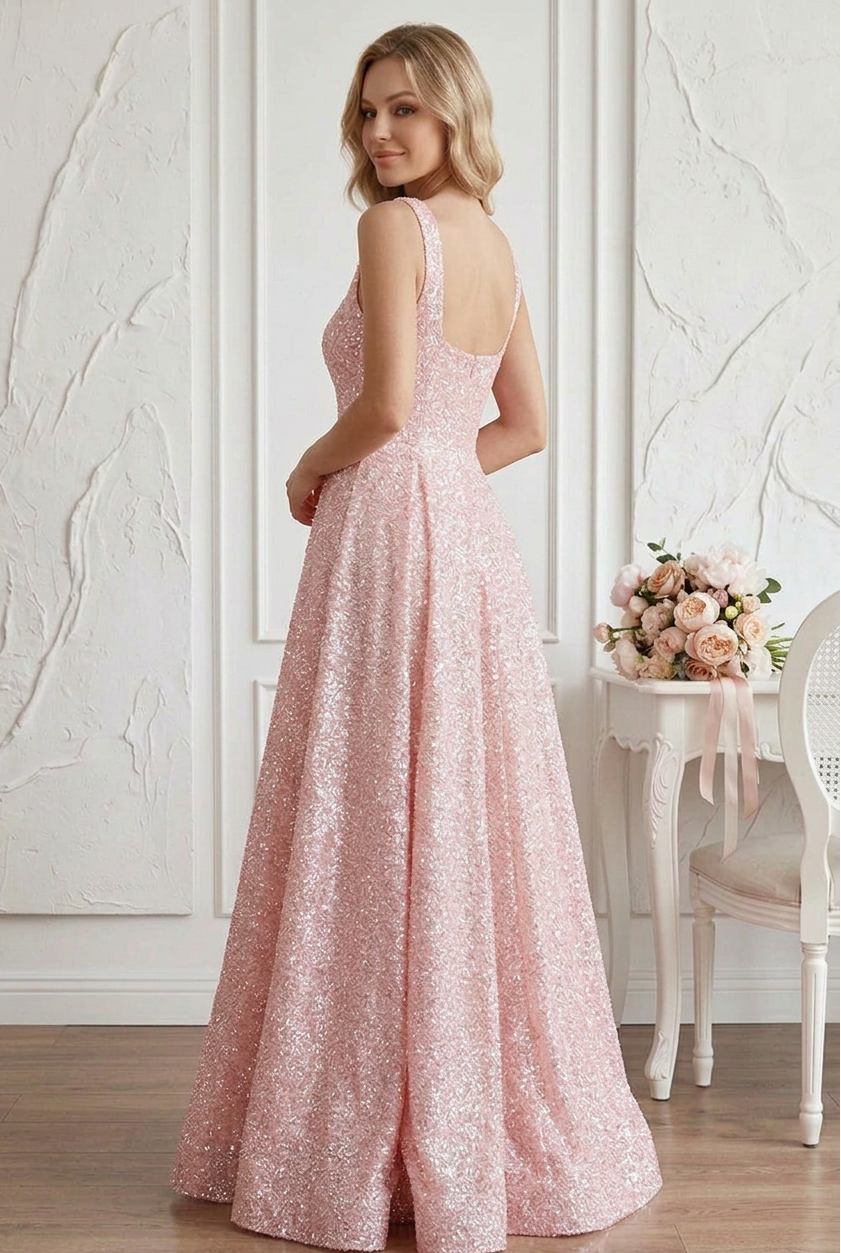 Glitter A-Line Gown with Waist Bow Accents