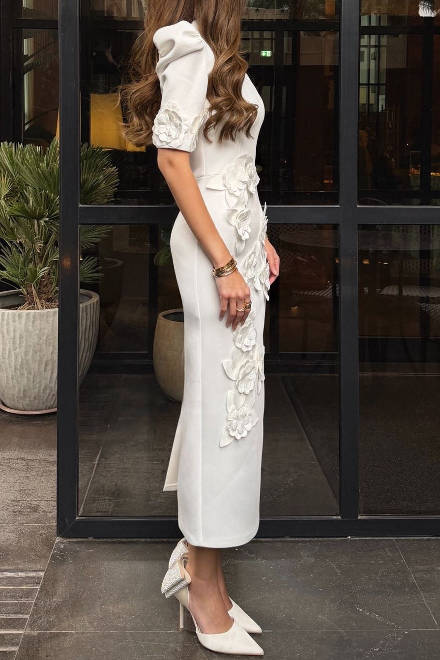 High-Neck Midi Dress with 3D Floral Appliques