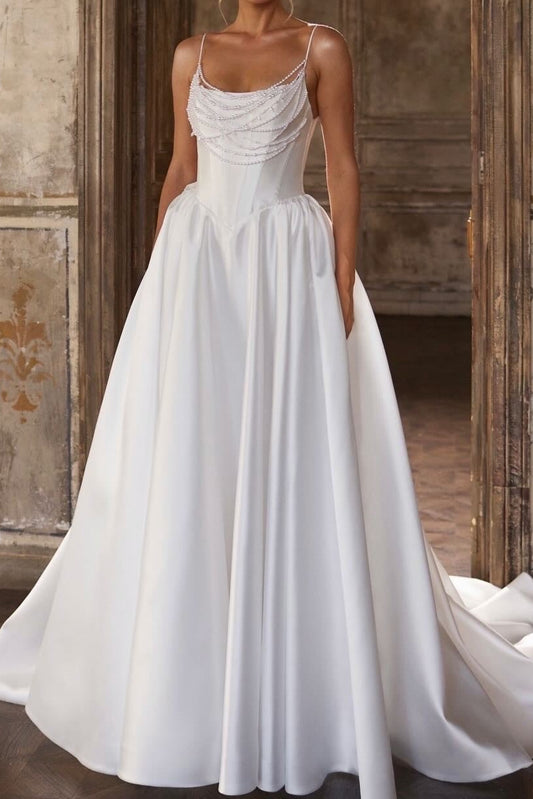 Beaded Draped Bodice Satin Ball Gown Wedding Dress