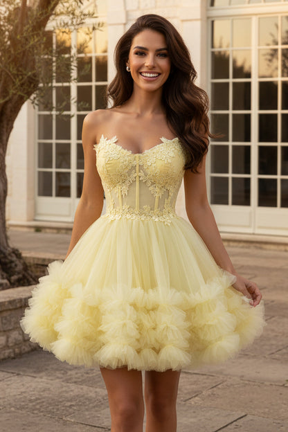 Strapless Corset Tulle Mini Dress with Floral Appliques