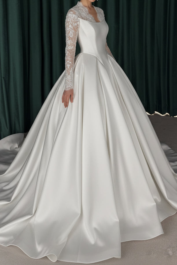 Long Sleeve Lace Illusion Ball Gown Wedding Dress