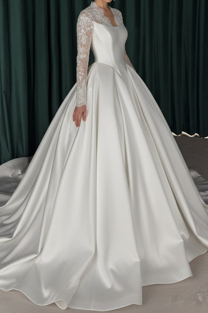 Long Sleeve Lace Illusion Ball Gown Wedding Dress