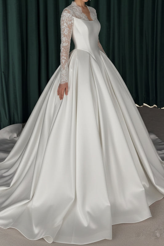 Long Sleeve Lace Illusion Ball Gown Wedding Dress