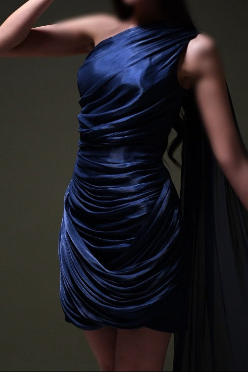 One-Shoulder Mini Dress with Flowing Cape Drape