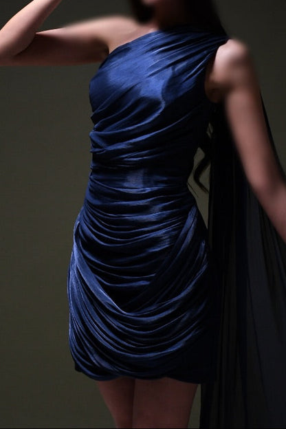 One-Shoulder Mini Dress with Flowing Cape Drape