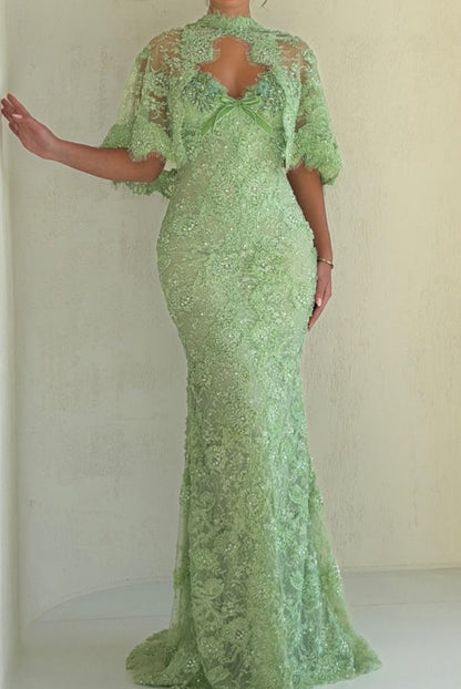 Embroidered Lace Gown with Capelet