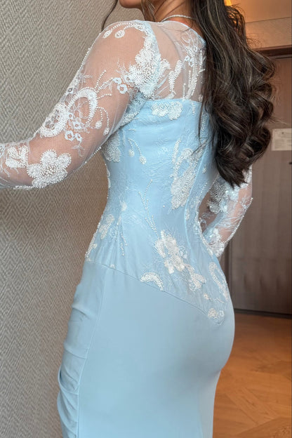 Embroidered Illusion Long Sleeve Gown with Train
