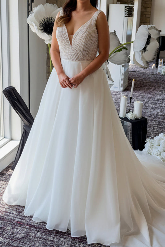 Beaded Bodice A-Line Wedding Dress with Satin Skirt