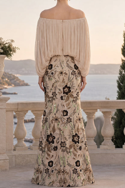 Off-the-Shoulder Pleated Floral Sequin Gown