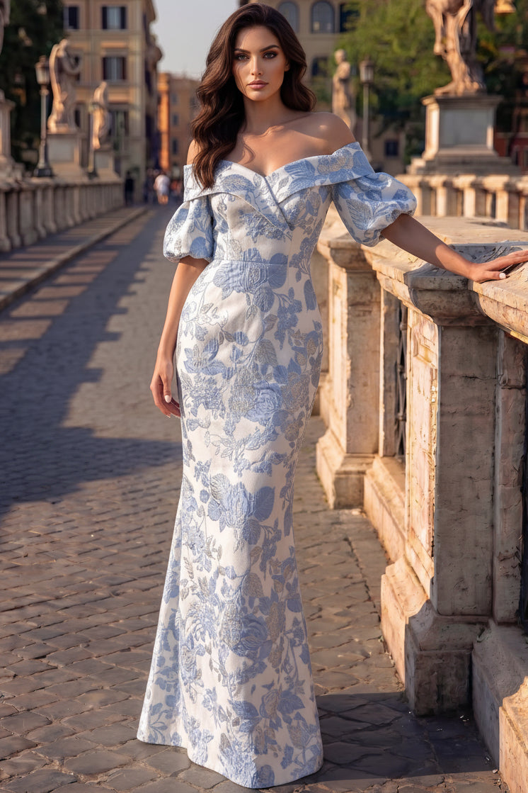 Off-the-Shoulder Floral Jacquard Column Maxi Dress