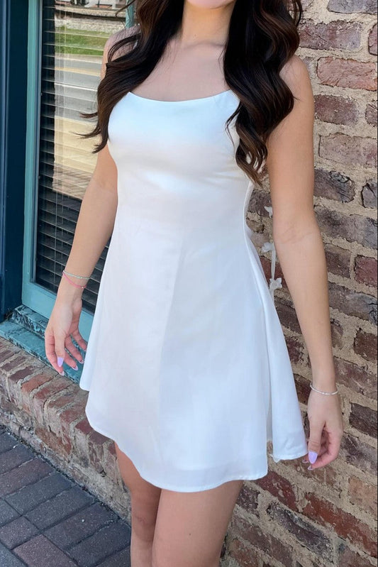 Square Neck Satin Mini Dress with Bow-Tie Back