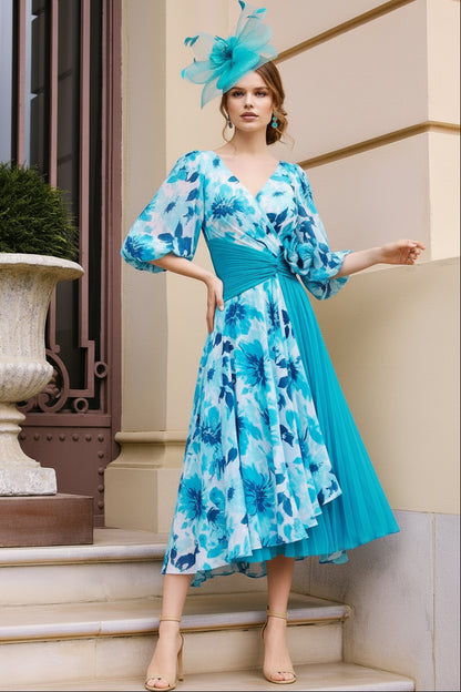 Floral V-Neck Pleated Asymmetrical Midi Dress