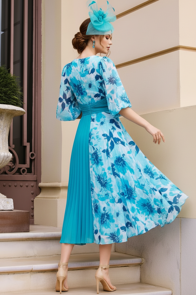 Floral V-Neck Pleated Asymmetrical Midi Dress