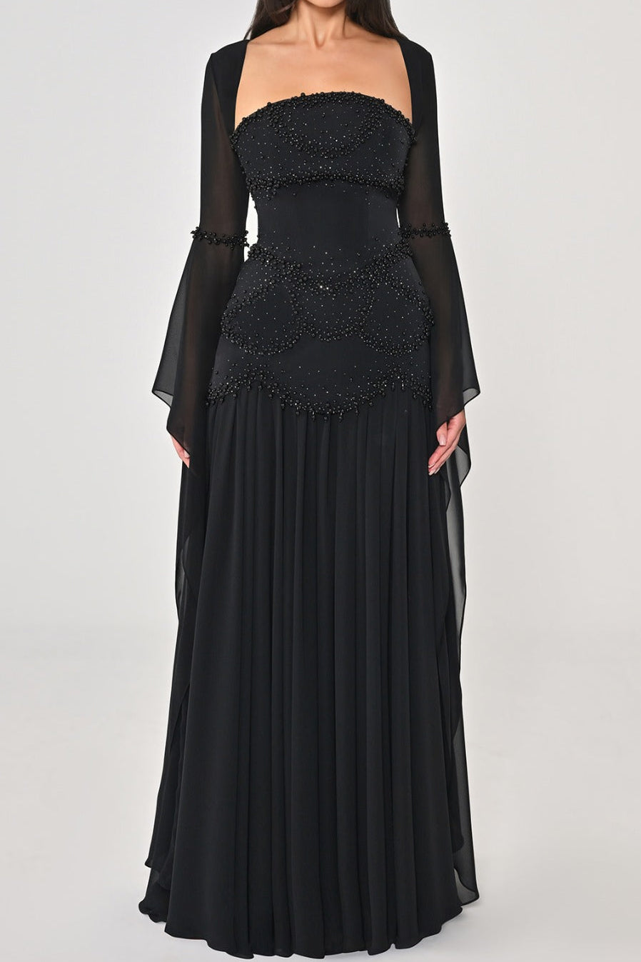 Beaded Drop-Waist Gown with Draped Sleeves