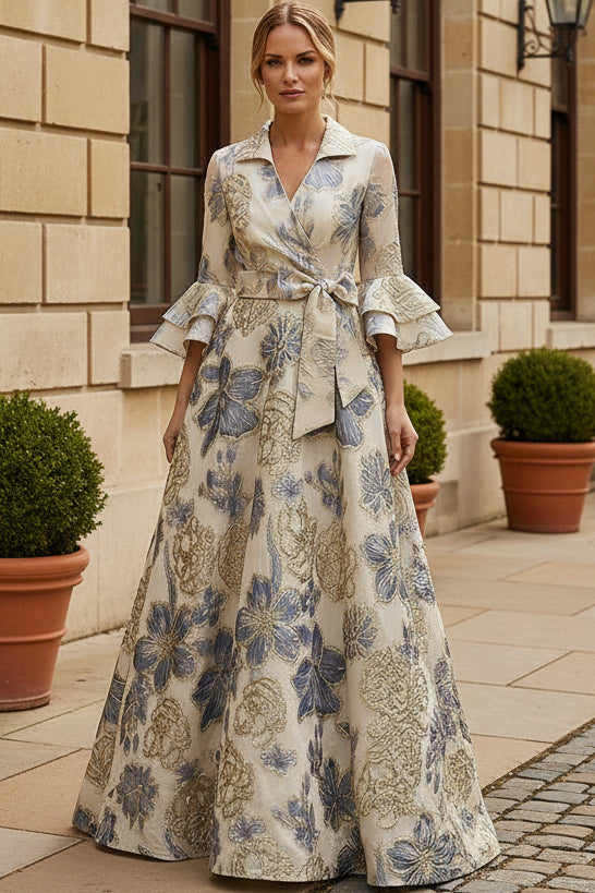 Floral Jacquard A-Line Gown with Ruffle Sleeves
