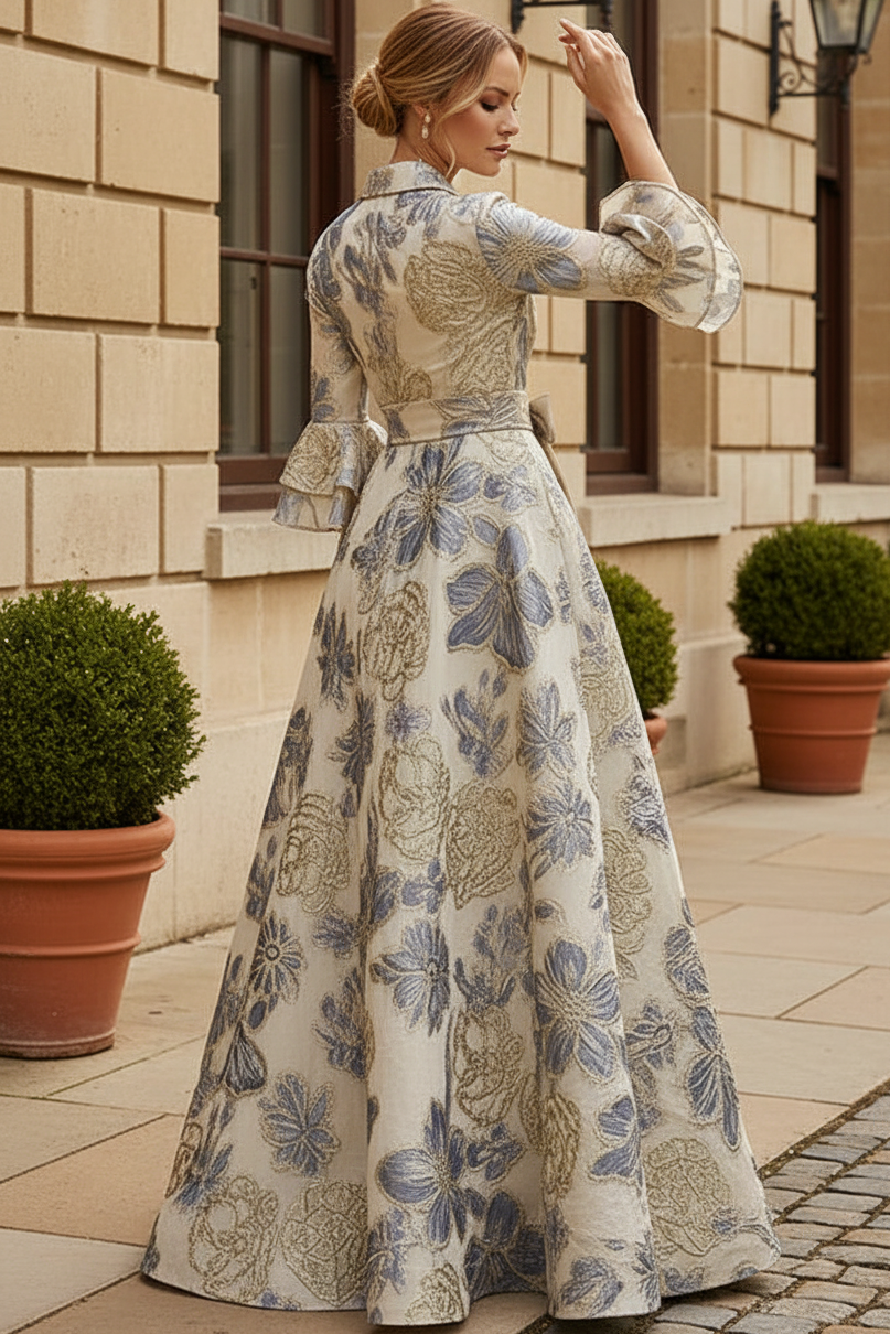 Floral Jacquard A-Line Gown with Ruffle Sleeves