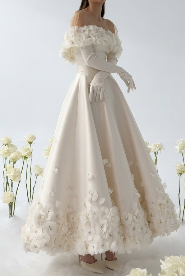 Off-Shoulder 3D Floral Ankle-Length Wedding Dress