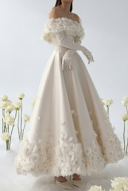 Off-Shoulder 3D Floral Ankle-Length Wedding Dress