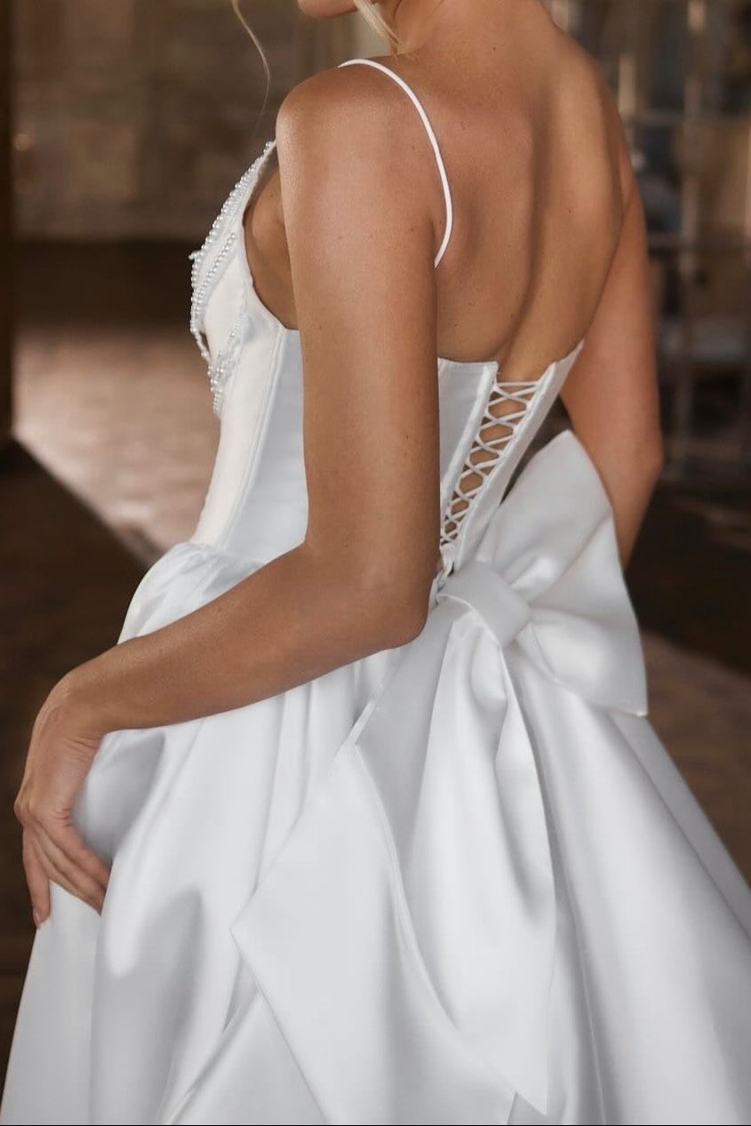 Beaded Draped Bodice Satin Ball Gown Wedding Dress