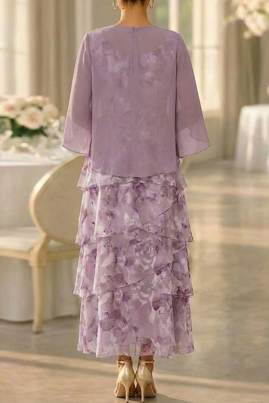 Floral Tiered Ankle-Length Dress with Chiffon Jacket