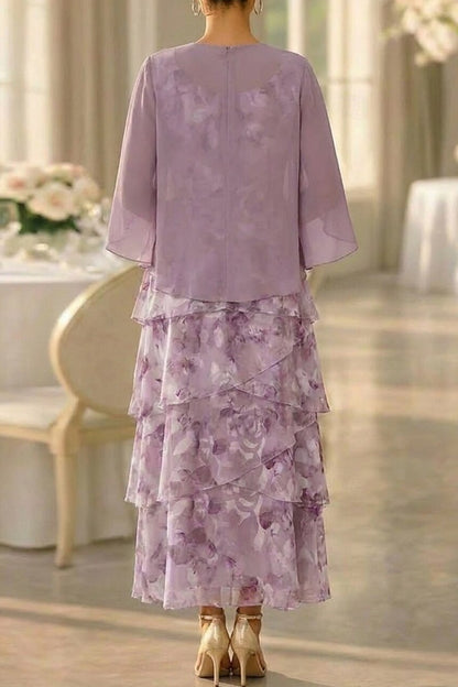 Floral Tiered Ankle-Length Dress with Chiffon Jacket