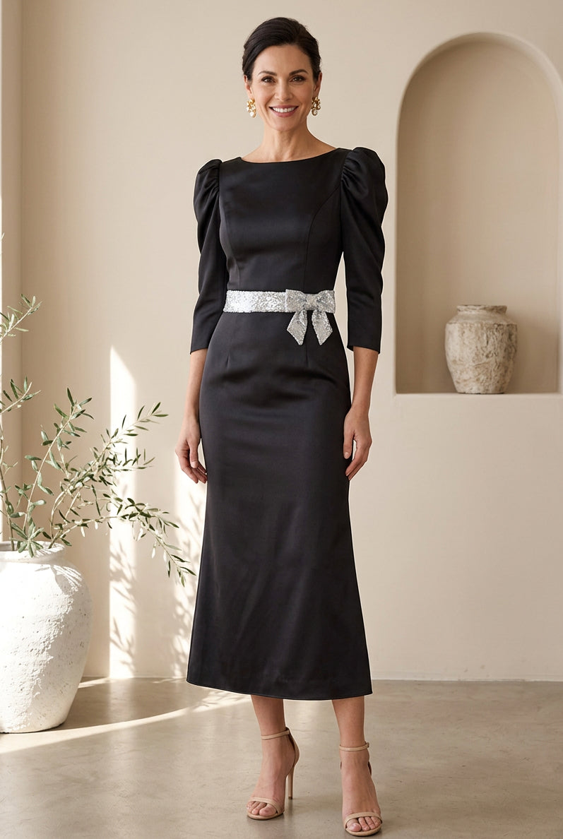 Puff-Sleeve Midi Dress with Embellished Bow Belt