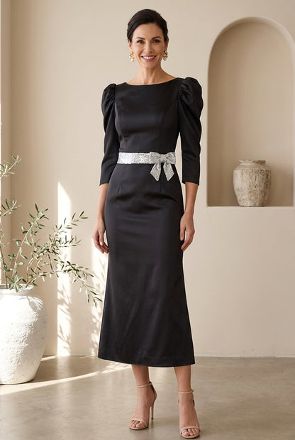Puff-Sleeve Midi Dress with Embellished Bow Belt