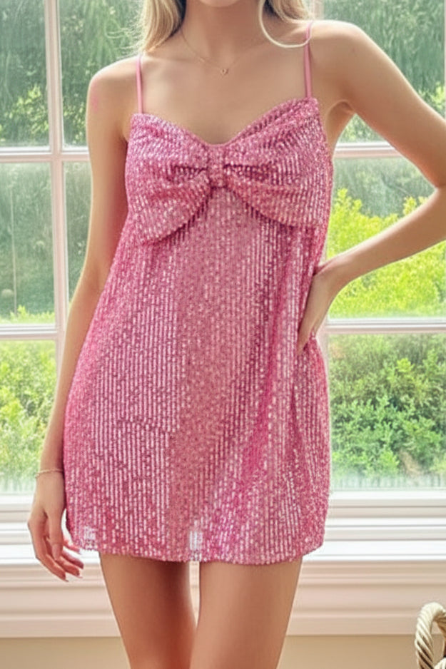 Metallic Bow Front Spaghetti Strap Mini Dress