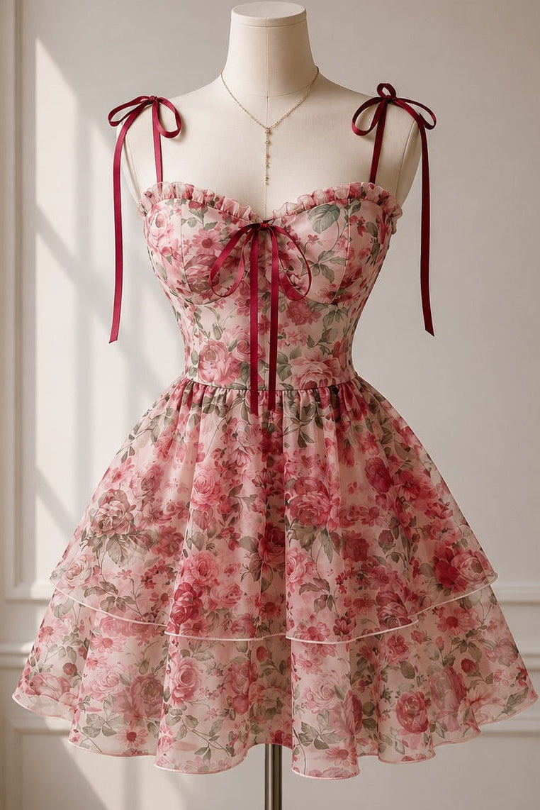 Floral Print Tie-Strap Corset Mini Dress with Tiered Skirt