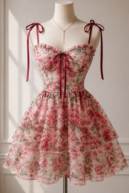 Floral Print Tie-Strap Corset Mini Dress with Tiered Skirt