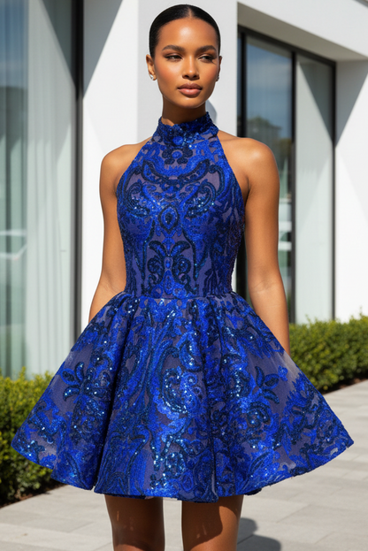 High Neck Sequined Halter A-Line Mini Dress