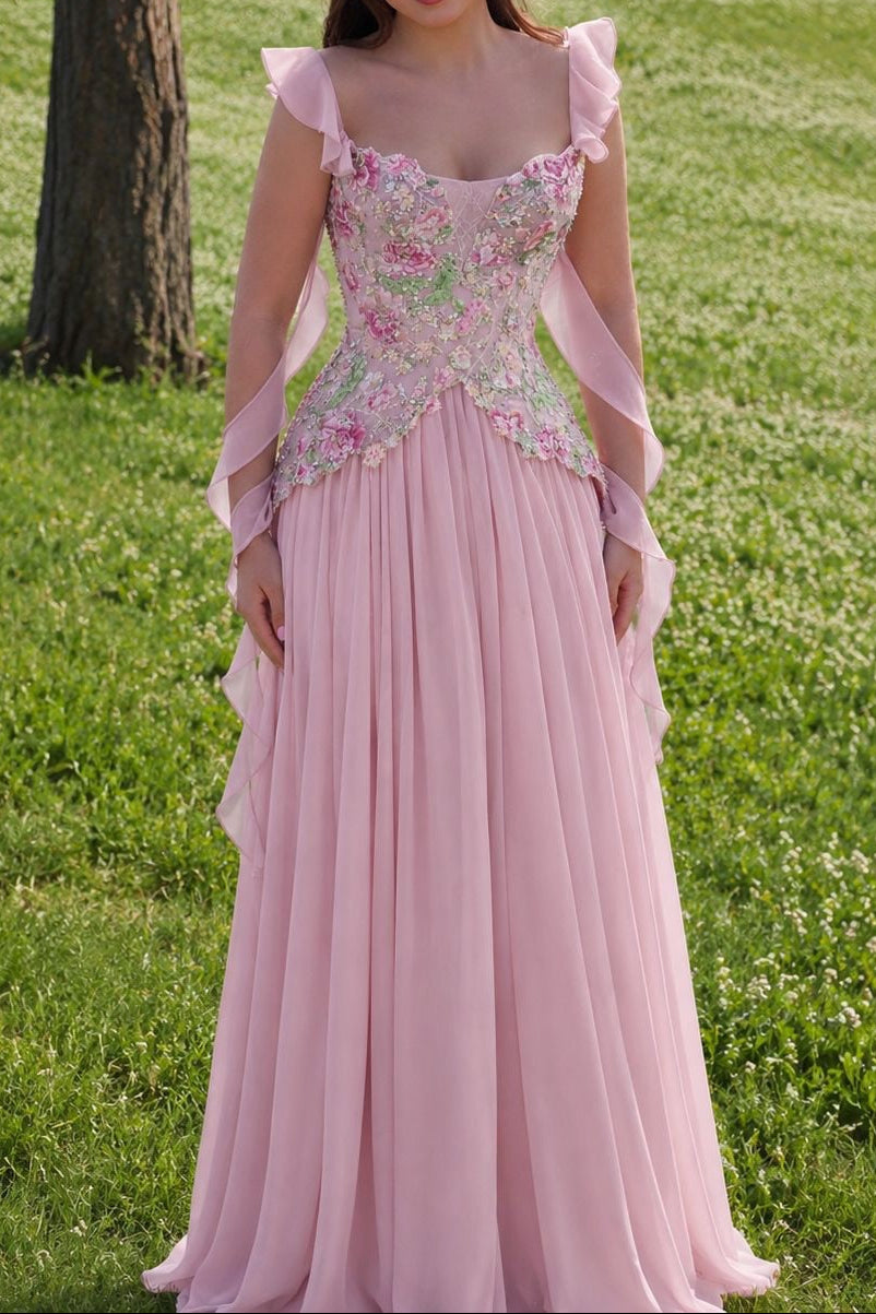 Floral Embroidered Corset Chiffon Evening Gown
