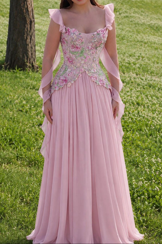 Floral Embroidered Corset Chiffon Evening Gown