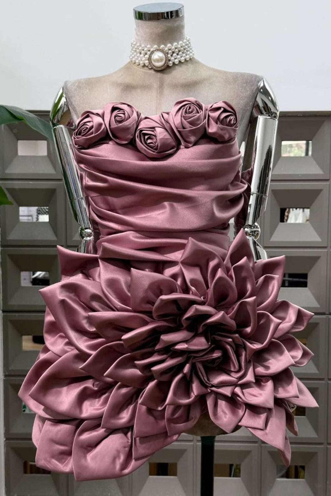 Strapless Satin Mini Dress with 3D Floral Embellishments