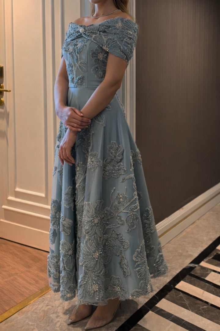 Off-the-Shoulder Embroidered A-Line Tea-Length Gown