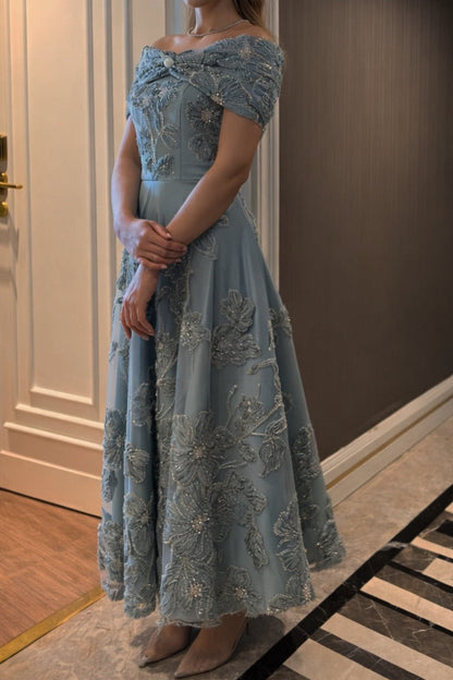 Off-the-Shoulder Embroidered A-Line Tea-Length Gown