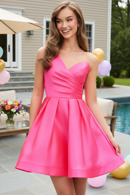 One-Shoulder Pleated Satin A-Line Mini Dress