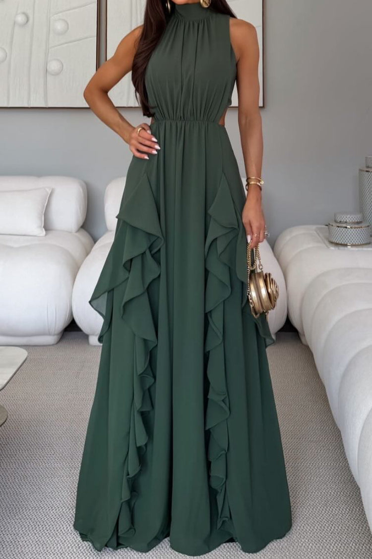 Sleeveless Ruffled High Neck Gown with Cut-Outs