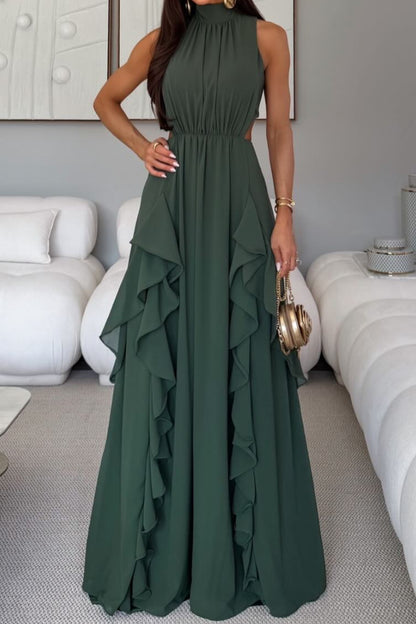Sleeveless Ruffled High Neck Gown with Cut-Outs